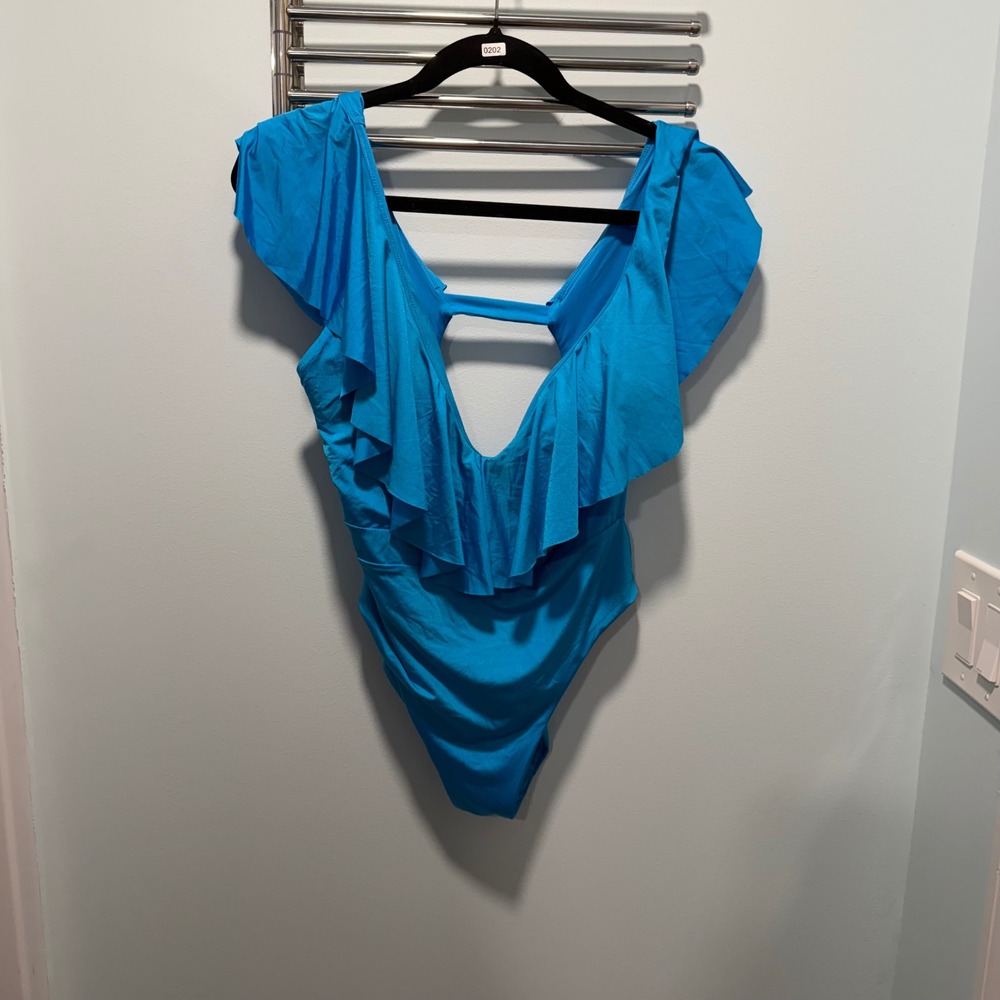 Trina Turk One Piece Swimsuit Blue 10 Ruffle V-Neck Resort Vacation